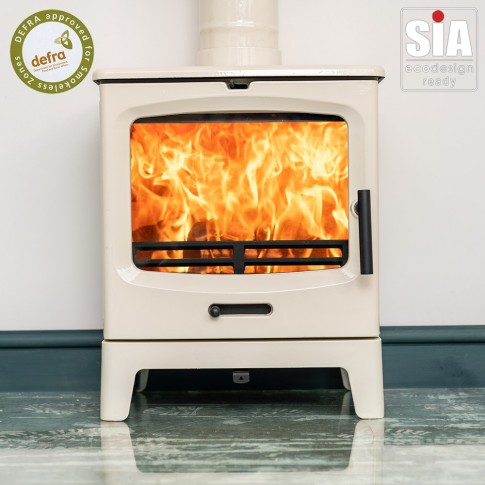 Ivory Enamel - Ecosy+ Rock Midi - 5KW - Defra Approved - Eco Design Ready - Multi-fuel Stove - Cast Iron