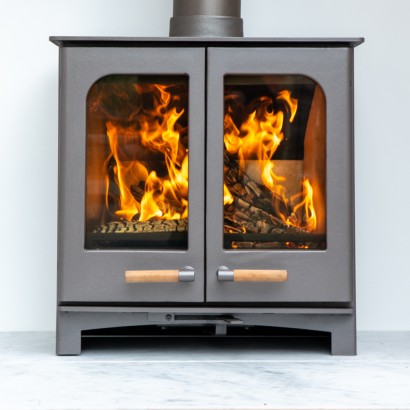 BURNT GREY - Ecosy+ Twin Door Panoramic Defra Approved 5kw Eco Design Ready -  Woodburning Stove 