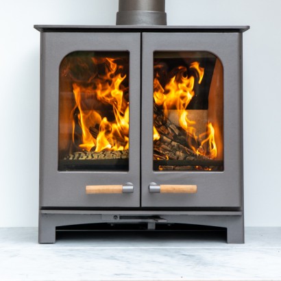 BURNT GREY - Ecosy+ Twin Door Panoramic Defra Approved 5kw Eco Design Ready -  Woodburning Stove 